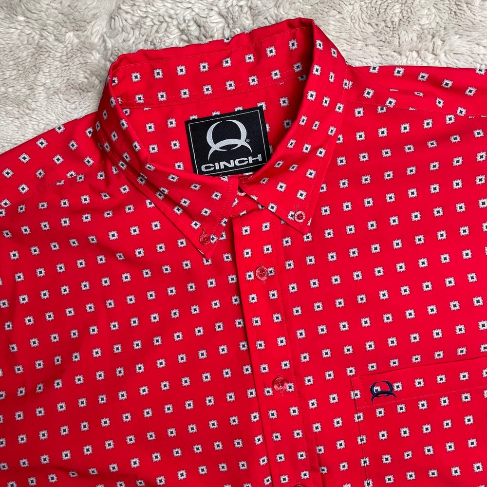 Cinch Mens Red Geometric Print Short Sleeve Button Down Western Shirt L